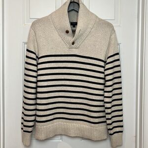 J. Crew Nautical Striped Shawl Collar Sweater Size Large Navy Blue Cream